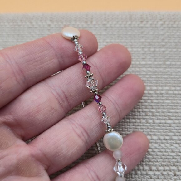 7+1 Inch Sterling Silver Pearl Breast Cancer Charm Bracelet B614 - Picture 2 of 6